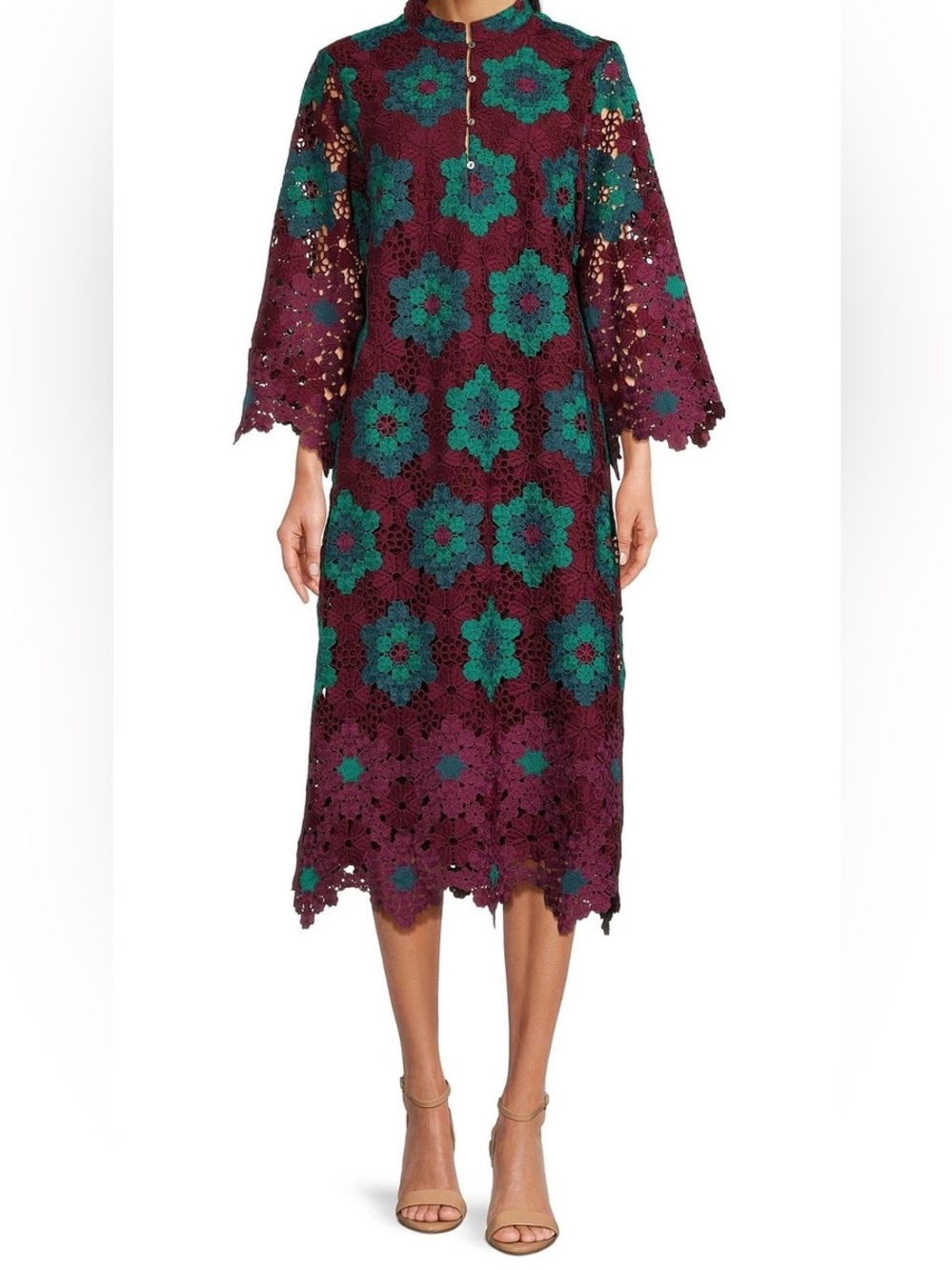Lace Crochet Floral Midi Dress in Plum & Teal